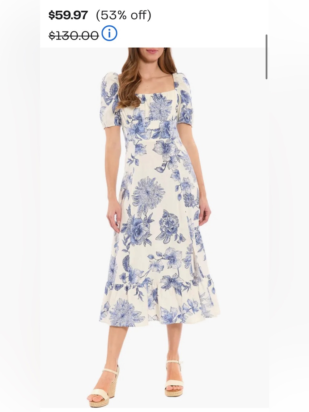 London Times White Dress with Blue Floral Print Midi